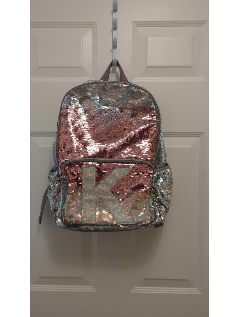 Justice Sequin Silver and Pink Letter 'K" Fullsized Backpack